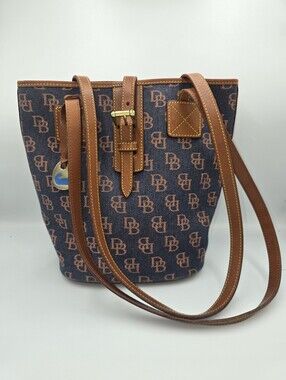 DOONEY & BOURKE Blue Denim and Brown DB Monogram Logo Bucket Shoulder Bag
